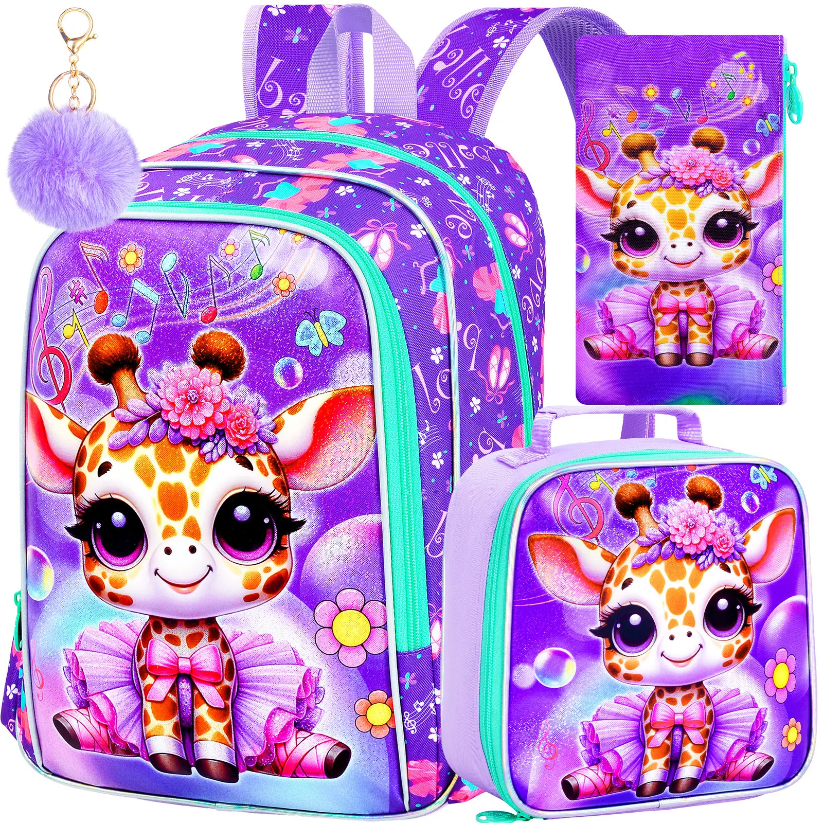 

3PCS Kids Backpack for Girls,16 inch Ballet Giraffe Preschool Backpacks with Lunch Bag, Cute Water Resistant Kindergarten School