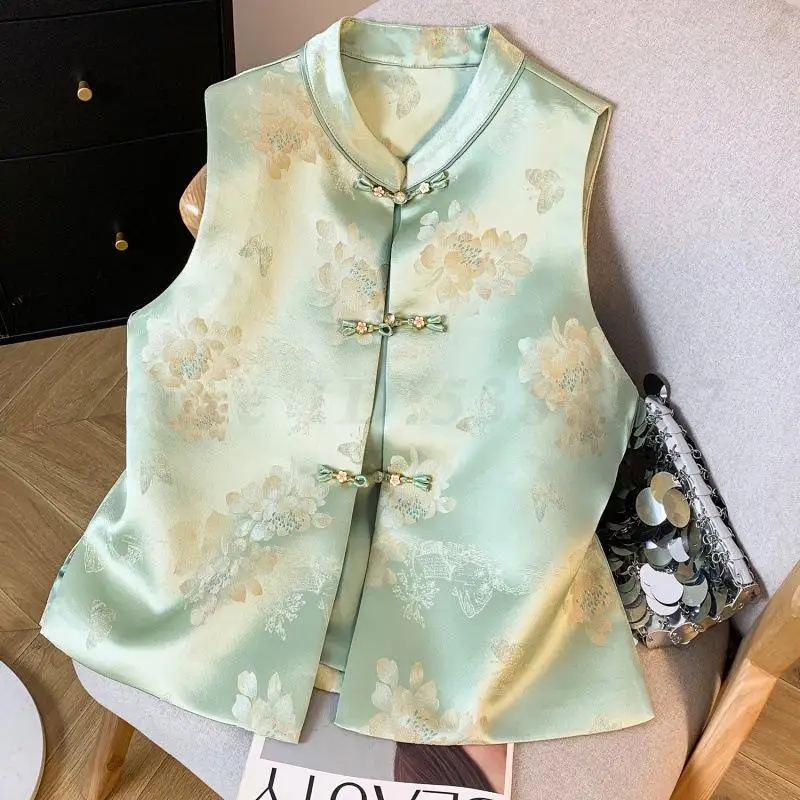 

Новый жаккардовый жилет без рукавов в китайском стиле, женская винтажная одежда на пуговицах Тан, топы, весенне-осенняя куртка Cheongsam, жилет