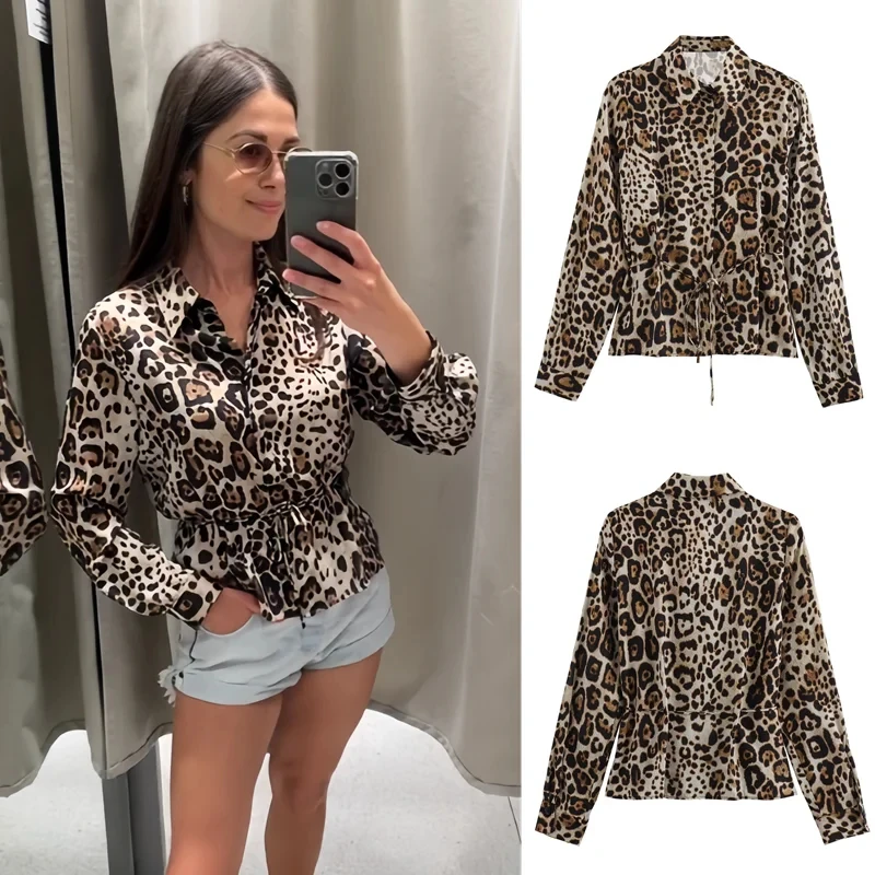 

PB&ZA Women's 2024 Summer New Style Fashionable Elegant Versatile Lapel Long Sleeve Animal Print Shirt 2824/267