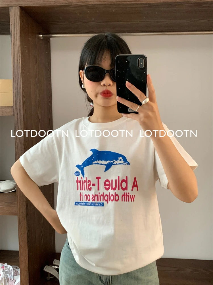 LOTDOOTN t-shirt estive Preppy Y2k in stile coreano t-shirt grafiche a maniche corte con stampa delfino da donna in puro cotone Harajuku top Casual