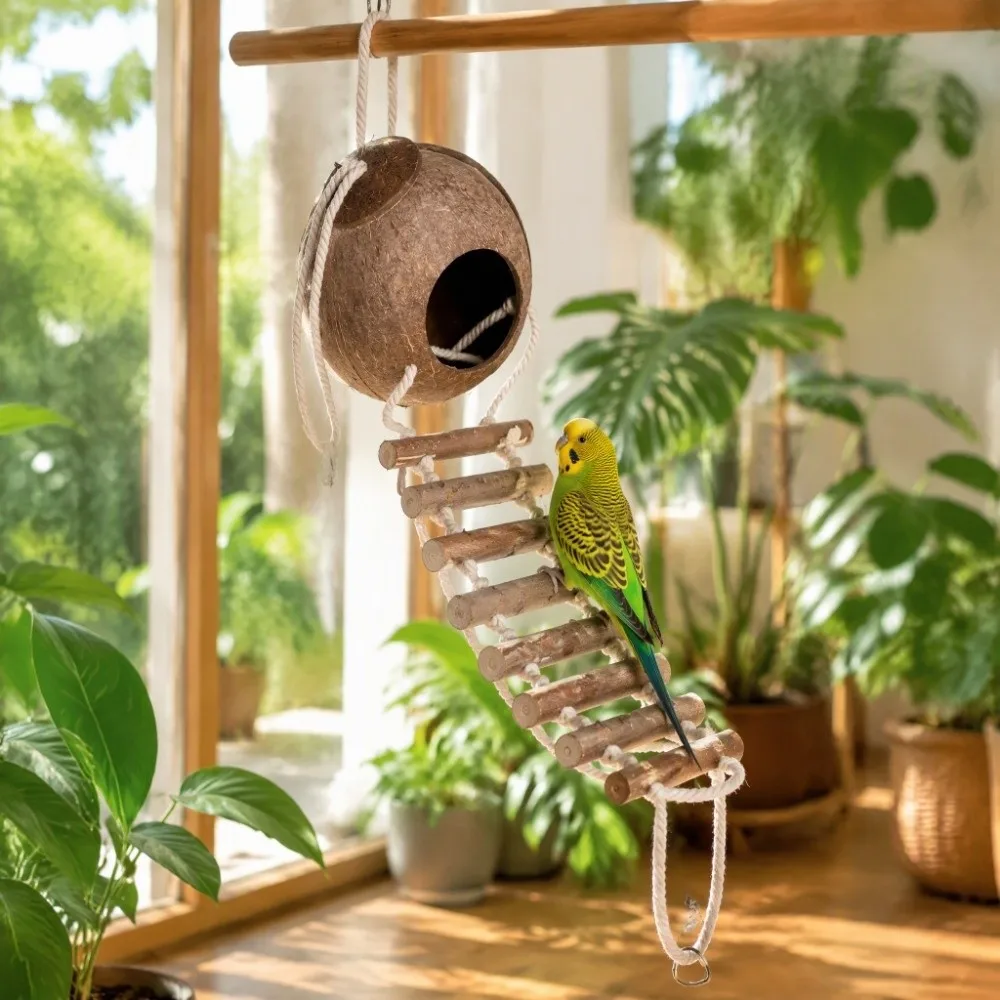 With Rope Ladder Pet Parrot House Coconut Shell Material Pure Hideout Pure Reptile Hideout Hanging Design Coconut Shell Hut