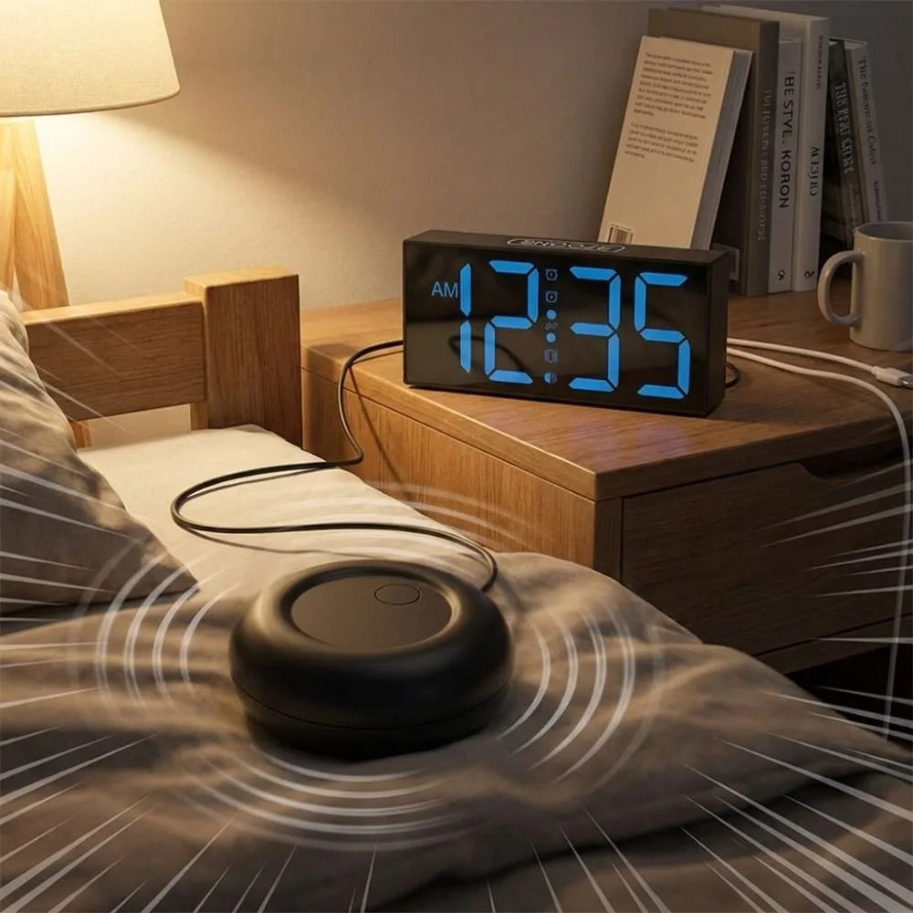 Super Loud Vibrating Electronic Alarm Clock Adjustable Brightness Large Display LED Screen Digital Alarm Clock Rectangular