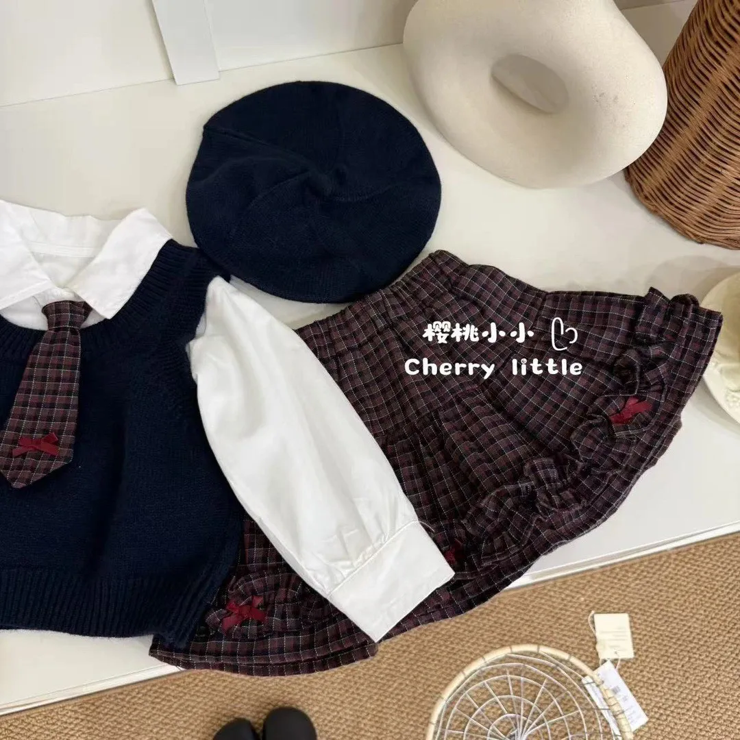 Girls Autumn College Style JK Suit New Children Fashion Style Shirt Knitted Vest Pleated Skirt Three-piece Set Solid Sets 5