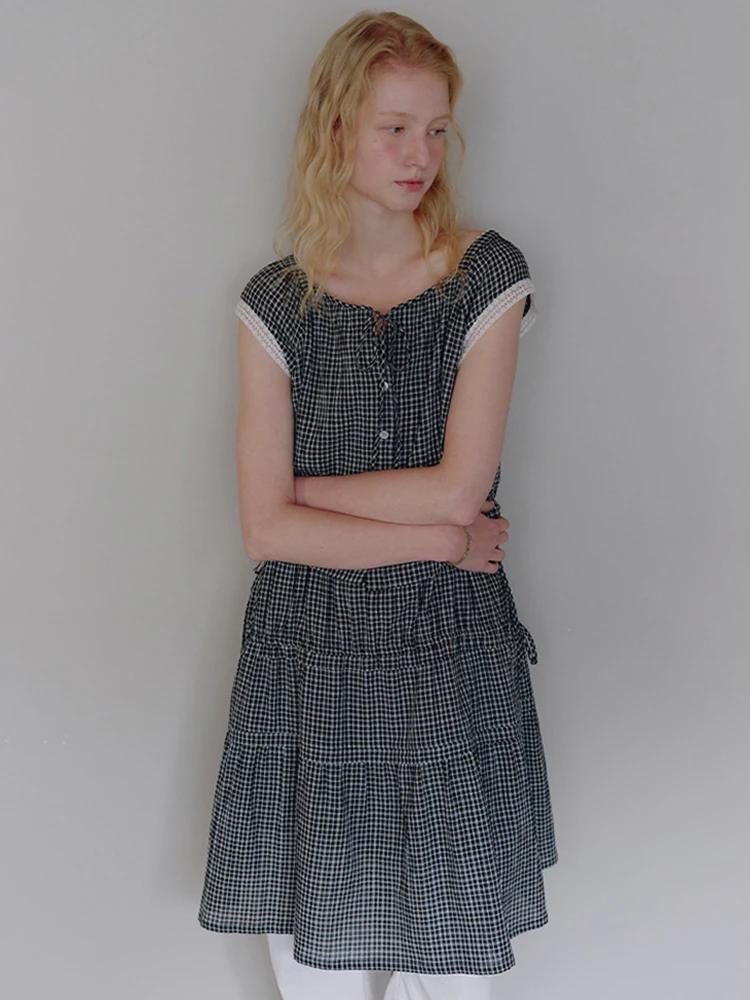 Nok Xiaola Authentic 2026 Summer Collection  Brand MUE Drawstring Plaid Sleeveless Dress Casual Loose Fit H-Shape