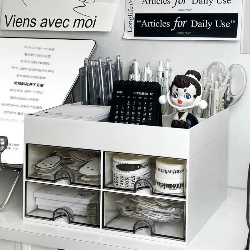 Desktop Transparent Cosmetics Storage Box Desktop Organizer with Drawers Pen Holder Stationary Storage Rack for Office Desks