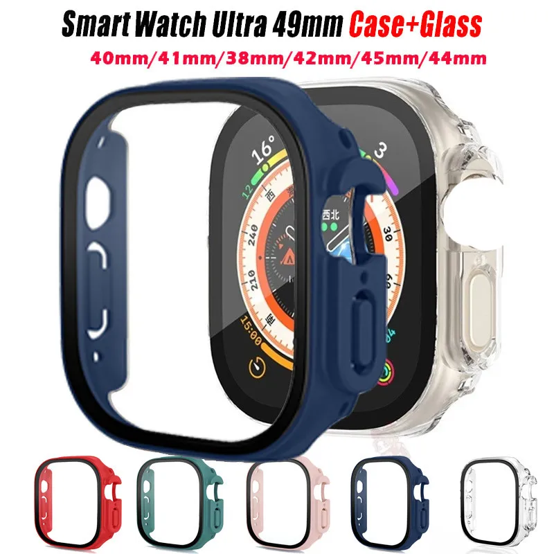 Glass + Case For iWatch Series Ultra 8 7 6 SE 5 4 3 PC Protective Case Cover Size 49mm 41mm 45mm 44mm 42mm 40mm 38mm Watch Shell