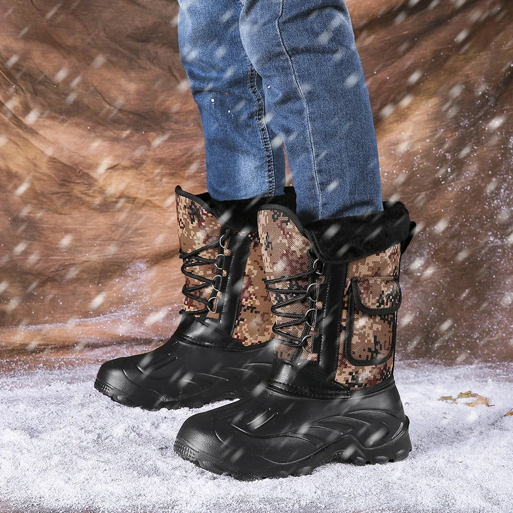 New Winter Camouflage Snow Men Boots Rain Shoes Outdoor Waterproof With Fur Plush Warm Male Casual Mid-Calf Work Motorcycle Boot