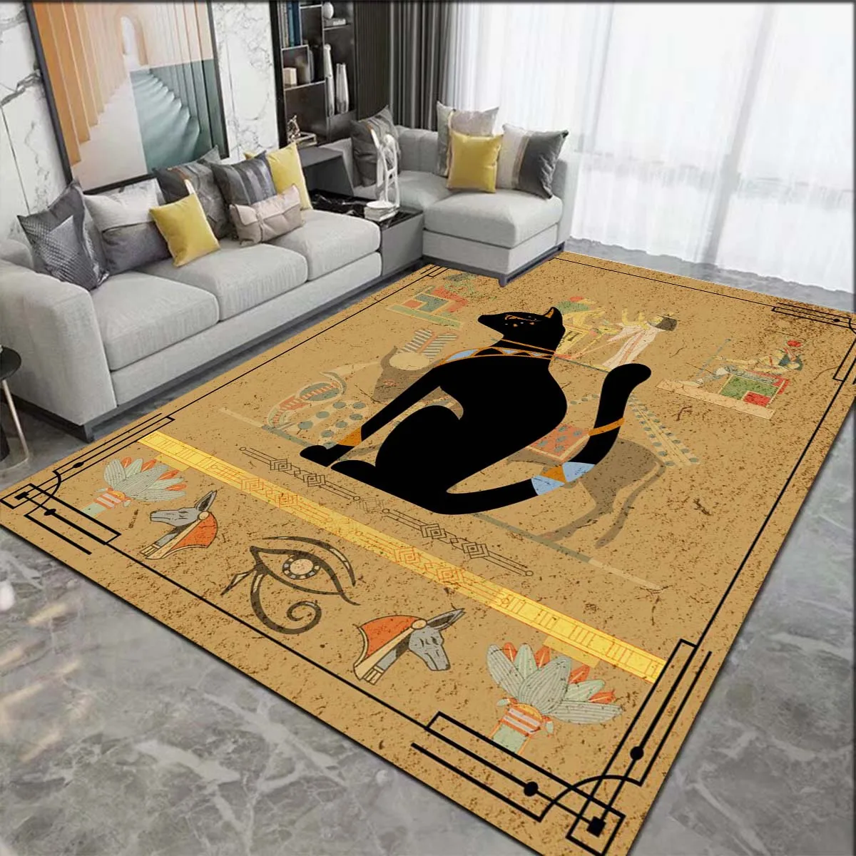 Tapis de sol lavables en forme de chat égyptien, pour salon et chambre à coucher