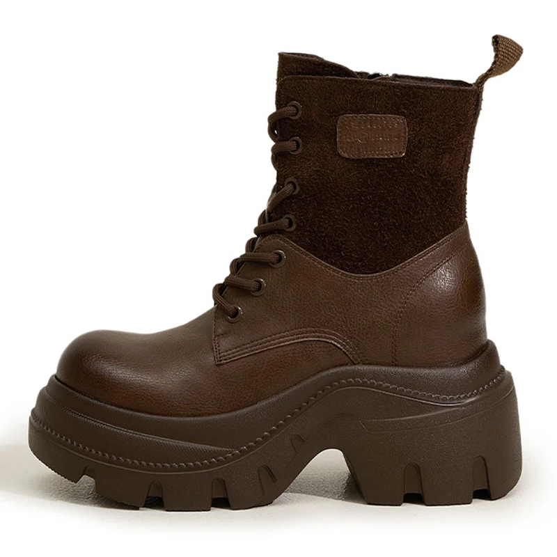 

9.5CM Autumn Winter Thick Platform Women Short Boots Lace Up Ankle Boots Leather Chunky Sneakers Motorcycle Boots Botas Mujer
