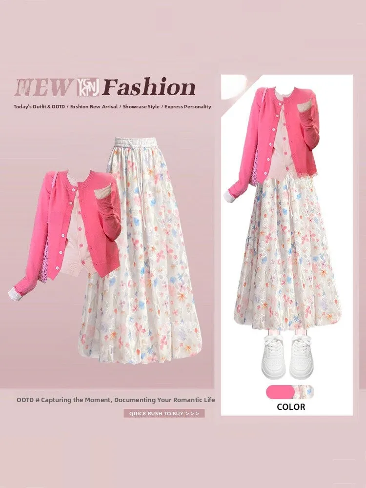 Pink Floral Knitted Cardigan And Skirt Set Women's Fashion Spring New Style Two-Piece Suite Soft And Sweet Tenderness