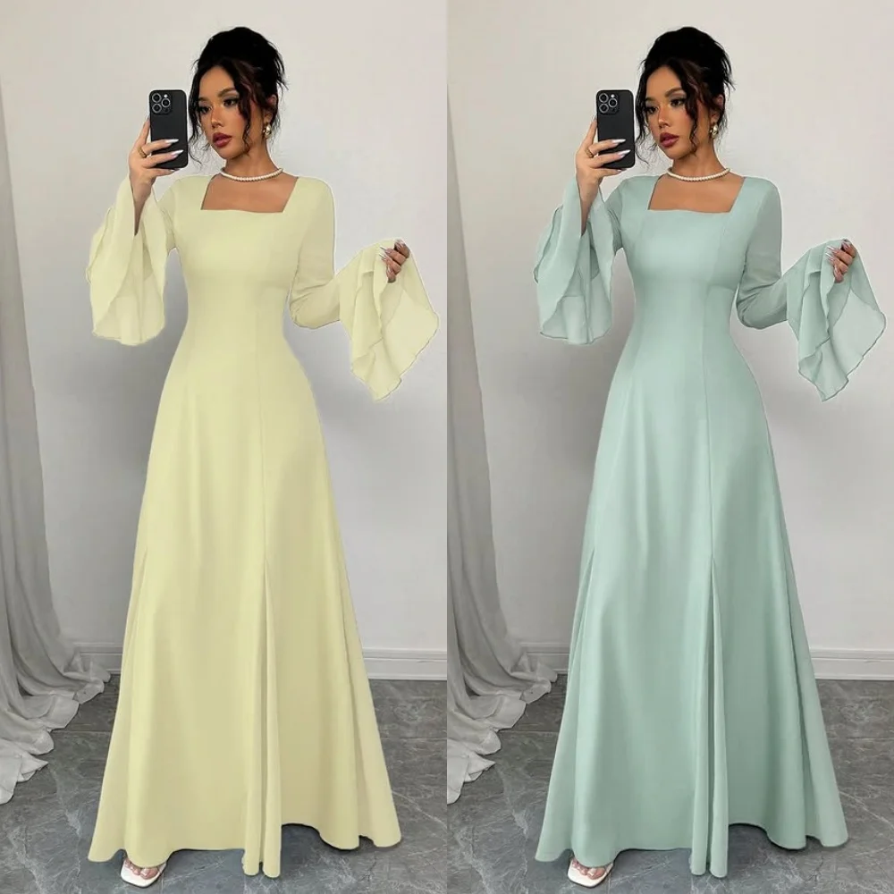 

Customized Modern Style Elegant Jersey Pleat A-line Square Neck Long Dresses Bespoke Occasion Dresses High Quality Matching