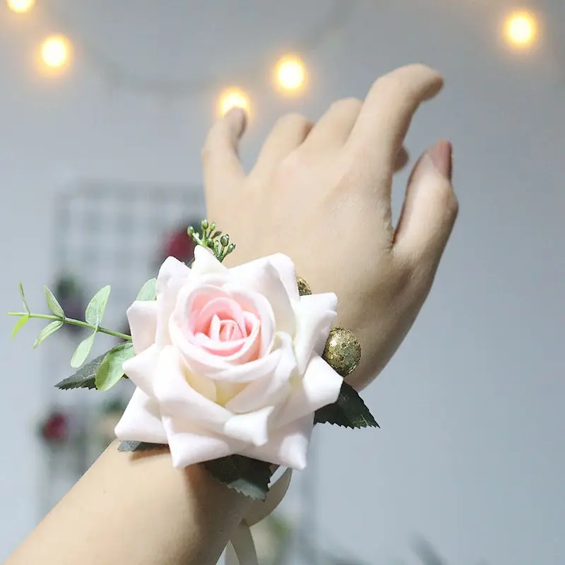 Ramillete de muñeca de rosas de tela para dama de honor, pulsera de boda, tela de novia, flor de mano falsa Artificial para invitados, accesorios de fiesta