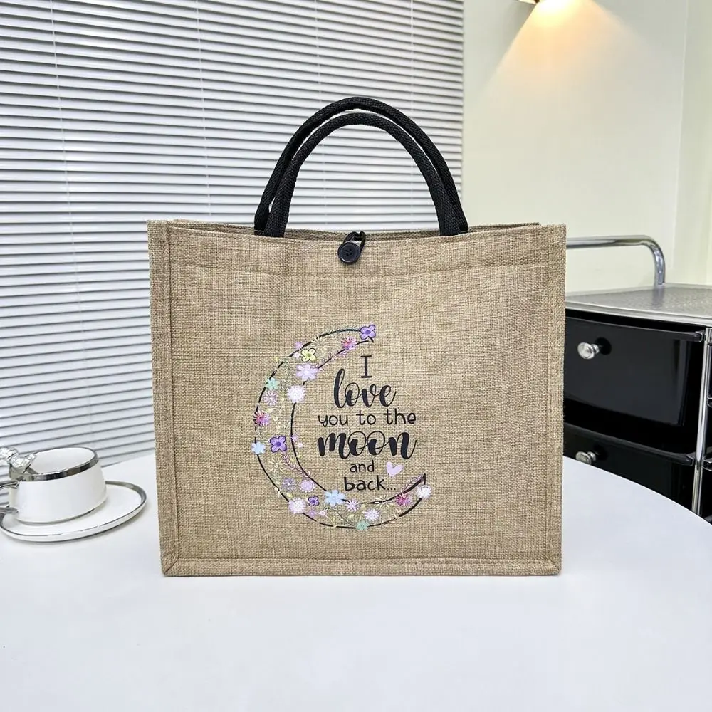 

Portable Letter Print Linen Tote Bag Large Capacity Reusable Beach Handbag Top Handle Lunch Bag