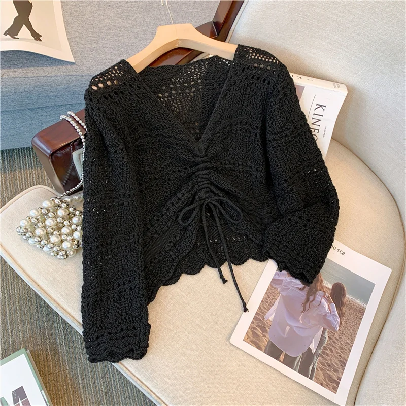 Drawstring Front Pointelle Knit Top Long Sleeve Crop Sweater Pullovers Women Spring Summer Cover Up Vacation Beach Outfit