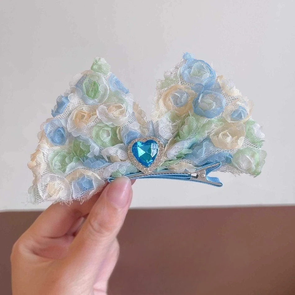 New Korean Kids Dream Gradual Change Rainbow Rose Flower Bow Hair Clips Children Hairpin Hairline Streamer Girls Headdress HP01