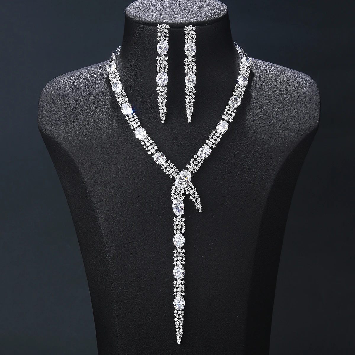 Fashion Luxury Hollow Cubic Zirconia Long Necklace Clavicle Necklace Earrings set Wedding Jewelry Set CN10386
