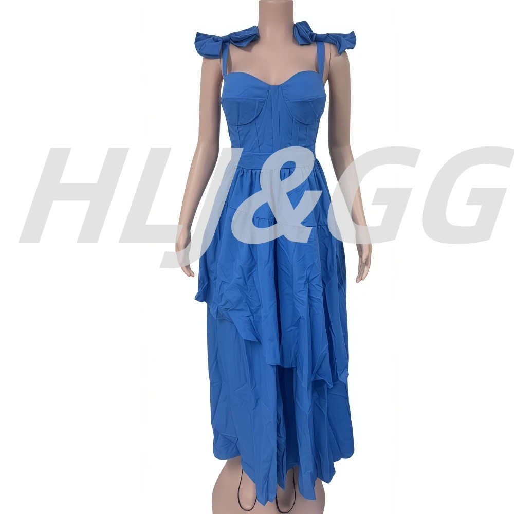 HLJ Sexy Bow Ruffles Patchwork Long Dresses Women Spaghetti Strap Sleeveless Backless Maxi Dress Female Clubwear Vestidos New