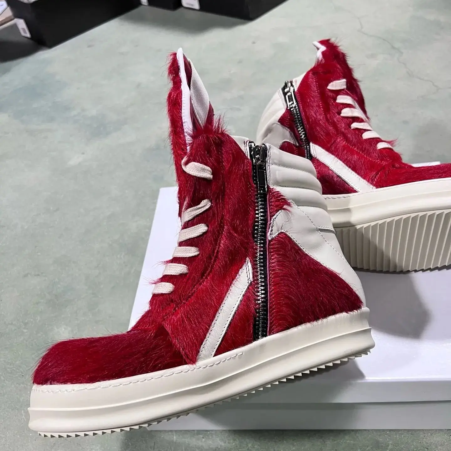 

Ricks Shoes Men Horse Hair Boot High Top Shoes Women Sneaker Owens Casual Shoes Men Shoe Zipper Red Horsehair Flat Ankle Boots