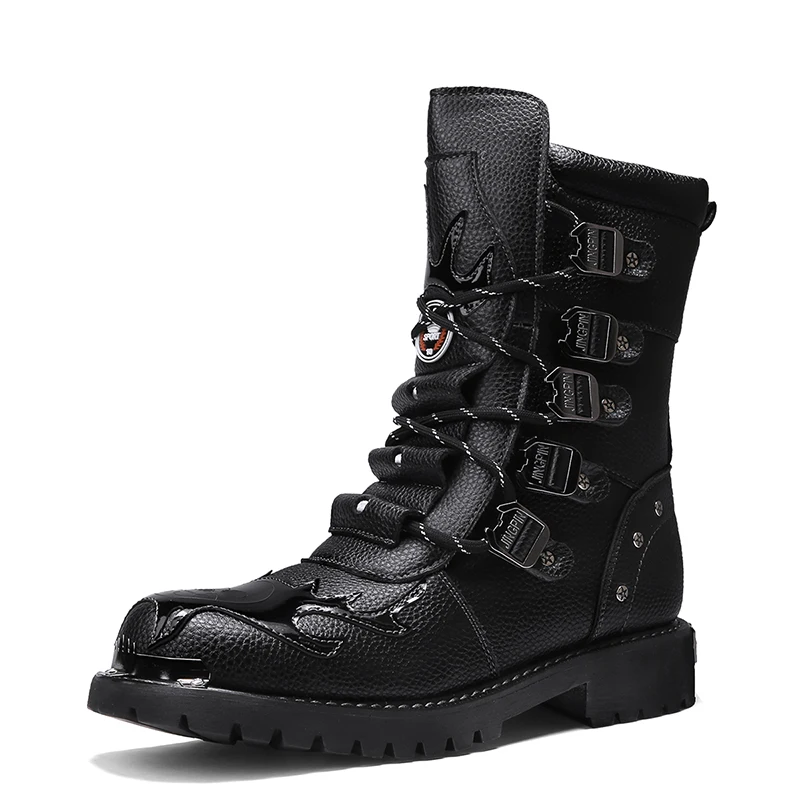 Hot Man Black Leather Big Square Toe Lace Up Thick Sole Platform Ankle Boots Male British Style Motorcycle Short Boots Shoes_voghion.com