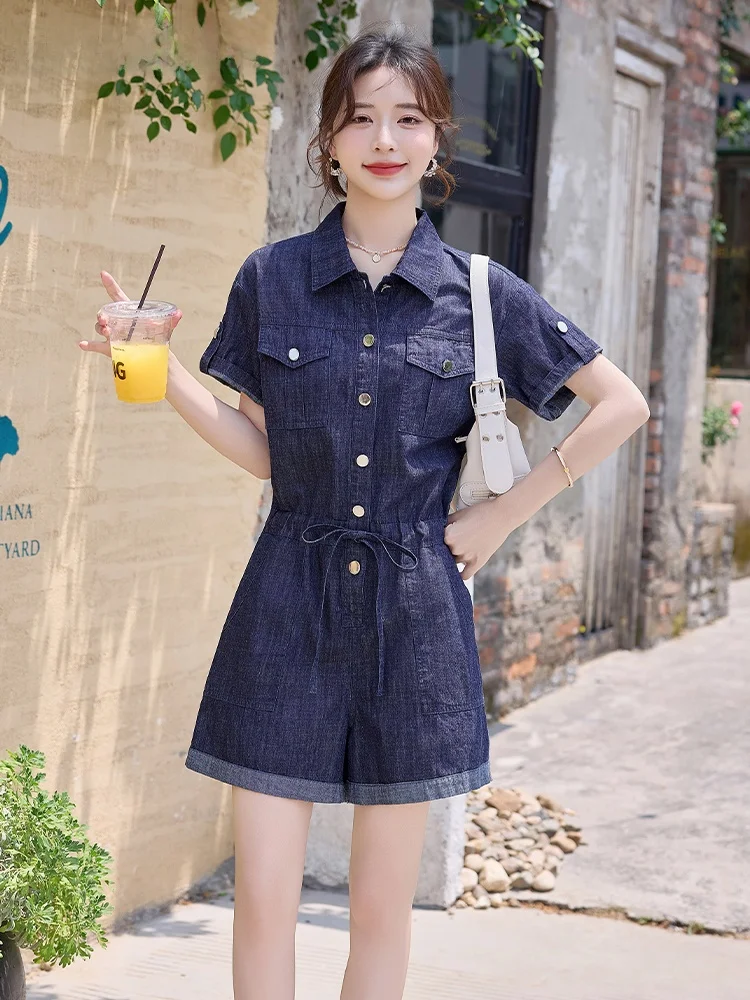 La Chapelle zomer nieuwe dames dunne denim eendelig pak hoge taille rechte pijpen katoenmix busin casual overall jumpsuit