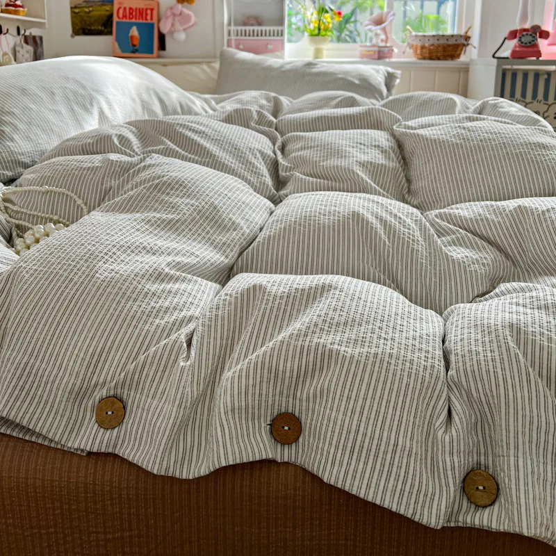 3/4Pcs Bedding Set Futon Minimalist Striped Button-Down Style 100% Washed Cotton Set Single Bed Sheet Set Full-Size Four-Season