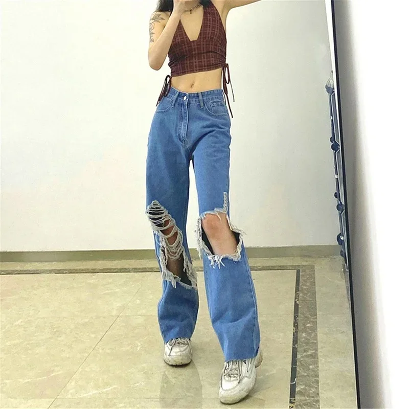 

2024 Summer Women High Waist Ripped Jeans Straight Cotton Denim Long Pants Hollow Out Draped Wide Leg Street Wear Denim Trousers