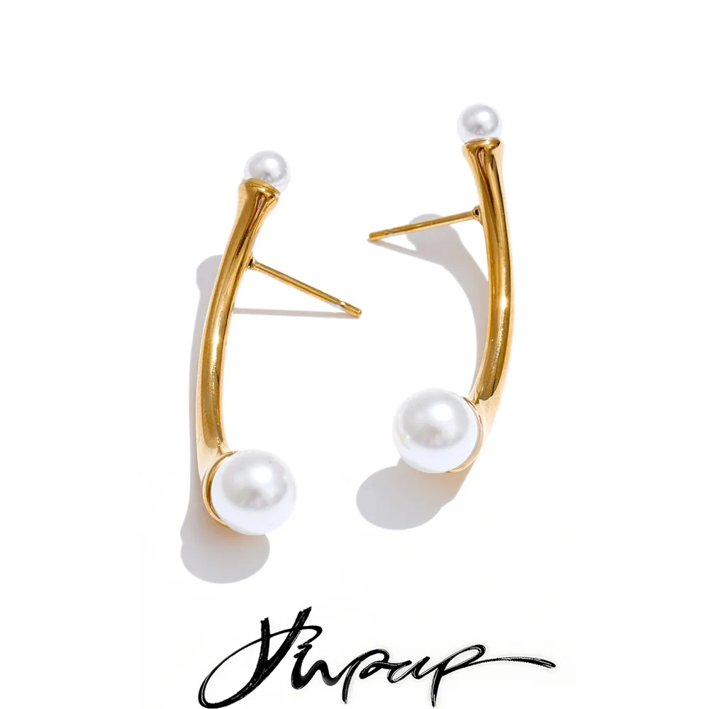 Yhpup Daily Stainless Steel Simulated Pearl Fashion Earrings 16K Golden Platinum PVD Plated Geometric Chic Modern Korean Jewelry