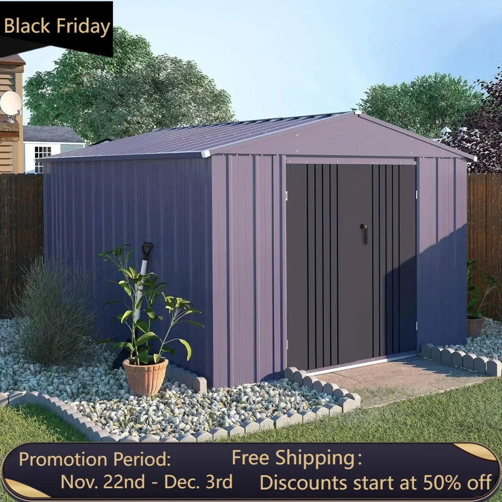 8 x 10FT thick galvanized steel storage shed, outdoor storage shed with lockable doors and ventilation openings, grey