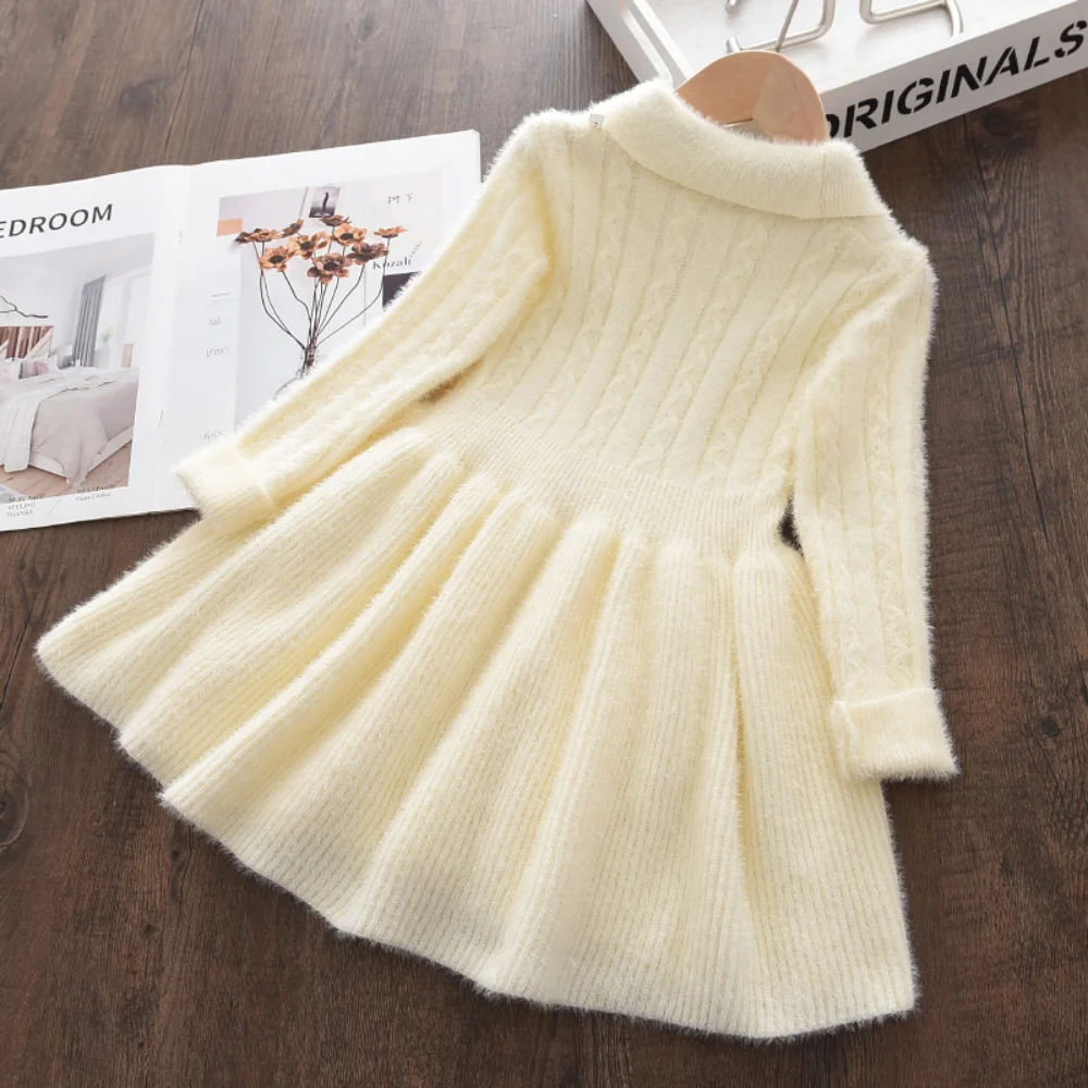 Bear Leader Children\'s Clothing Winter Thick Collar Sweater Dress Spotted Bow Collar Pleated Knit Dress Elegant Girls Clothes