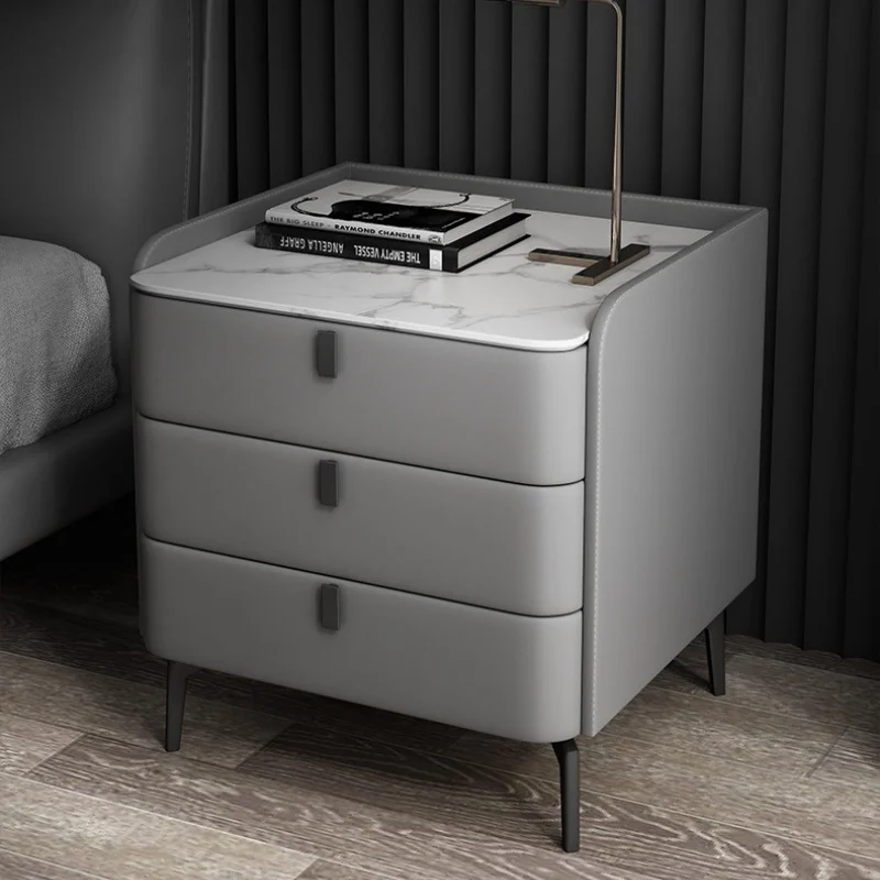 Modern Style 3 Drawers Wooden Bedside Table Faux Leather Bedroom Nightstand with Sintered Stone Top Side Storage Cabinet