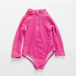 Quick-Drying Solid Wrinkled Sunscreen Surf Girls Baby Kids One Piece Swimwear High Elastic Long Sleeved Round Neck Kid Swimsuit
