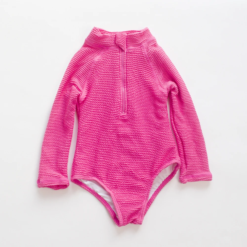 Quick-Drying Solid Wrinkled Sunscreen Surf Girls Baby Kids One Piece Swimwear High Elastic Long Sleeved Round Neck Kid Swimsuit