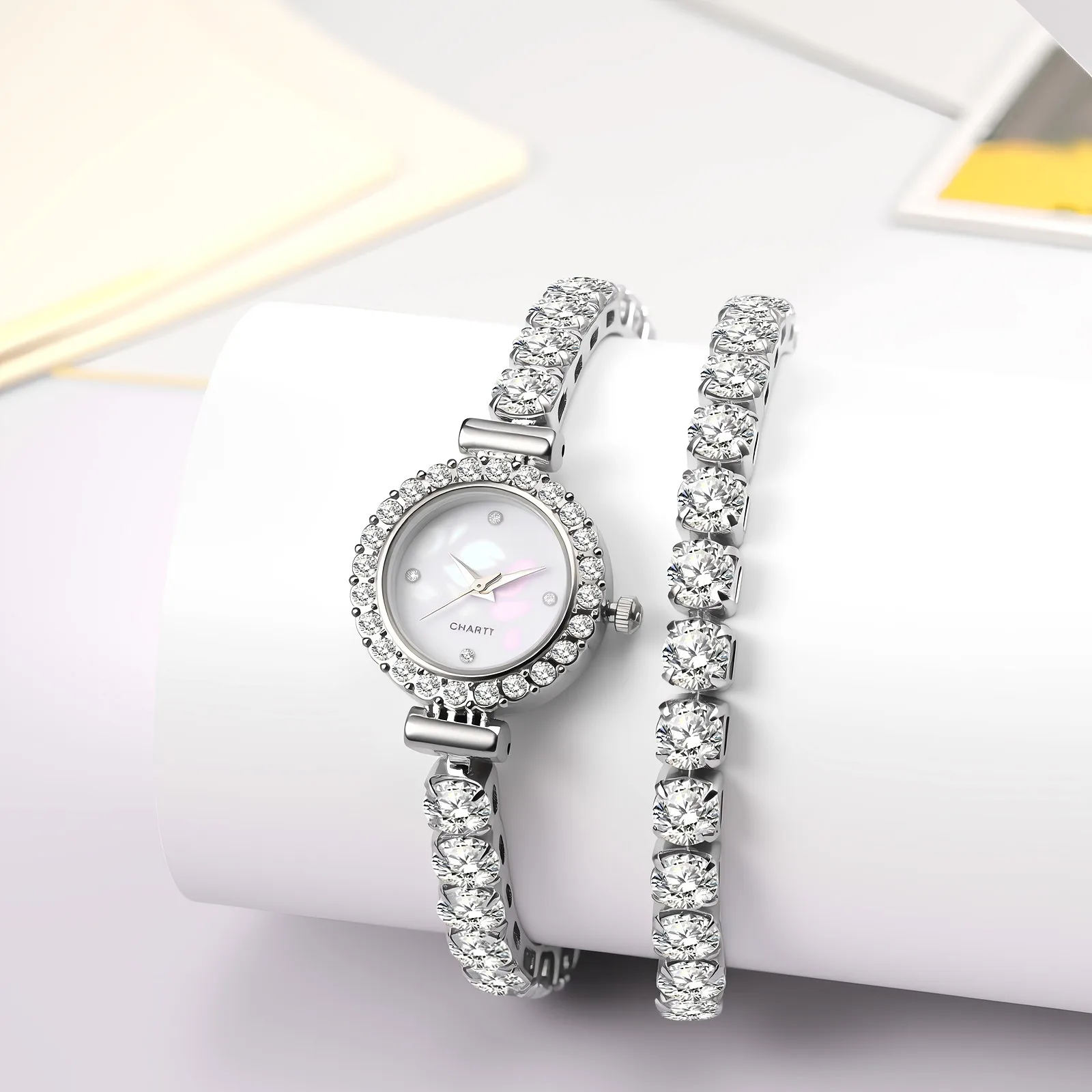 Women Tennis Bracelet Watch Features Layered Zirconia Band Analog Quartz Watches Bling Crystal Luxury Wedding Clock Gift