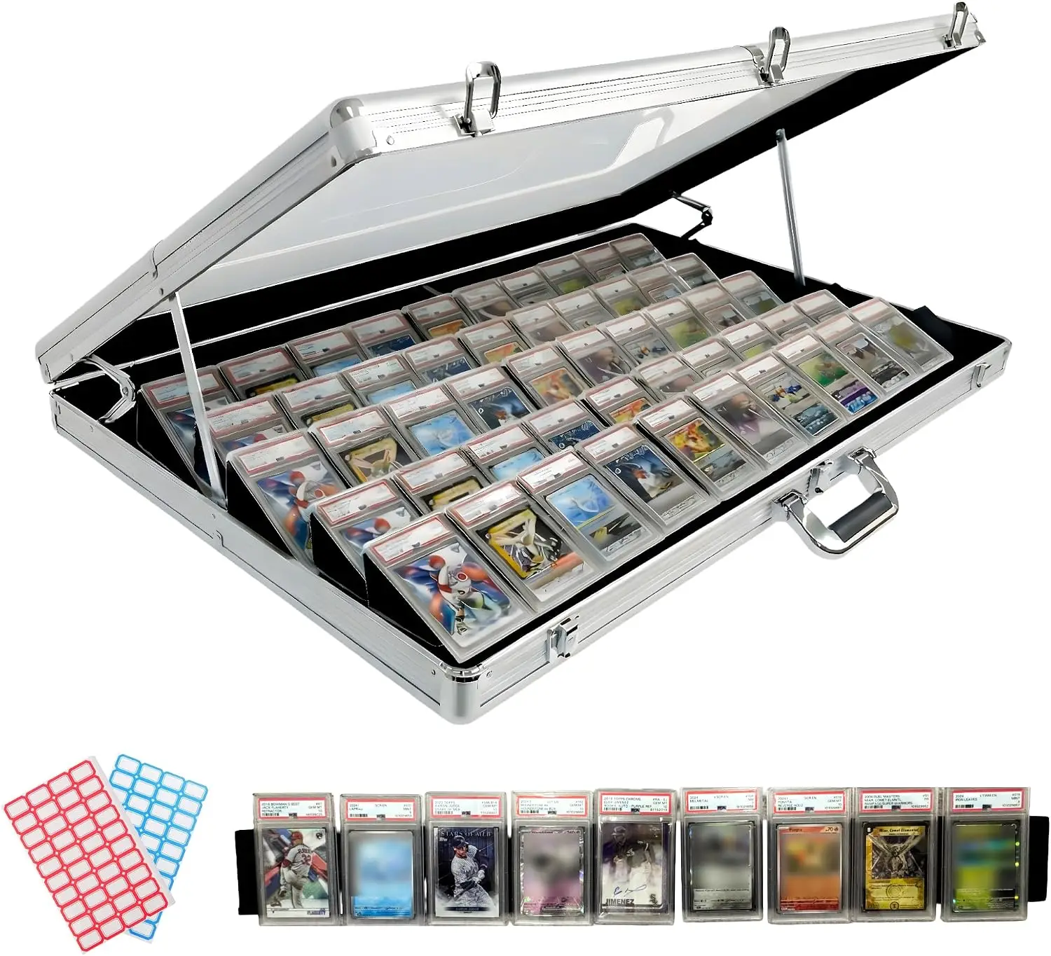 Brand new Professional Large Card Display Case (5 Card Riser Bars, Built-in Prop Rod and 80 Stickers) | 34 x 22 inches