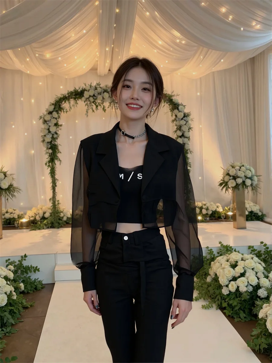 Blazer court transparent résistant au soleil avec fente au dos, vêtements élégants pour femmes, motif Extra-long plissé, doré, solide, carrière