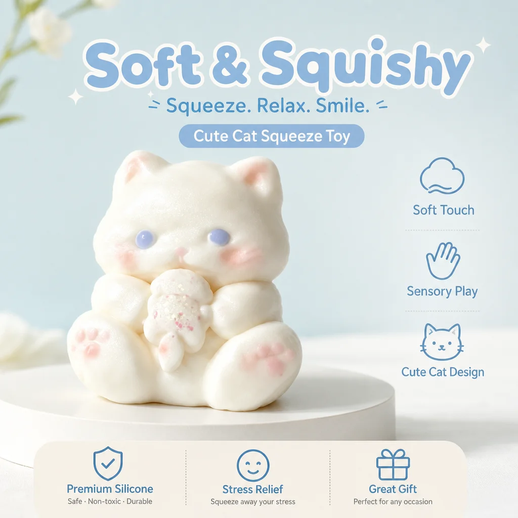 Food Grade Cute White Kitten Squishy Toy Holding Little Rabbit Ornament Soft Slow Rebound Squeeze Toy Stress Relief For Kids