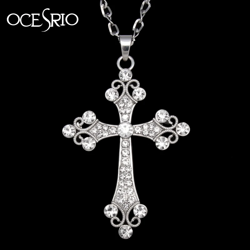 Collar con colgante de Cruz de Color plateado para mujer, cadena larga de diamantes de imitación de cristal, joyería de moda de Hip Hop, nke-h77