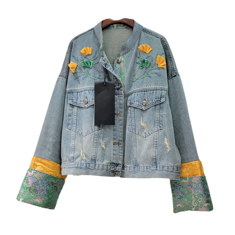 

2024 Spring Autumn Denim Jacket Women New Chinese Style Beaded Embroidery Stitching Short Blue Jean Coat Casaco Feminino