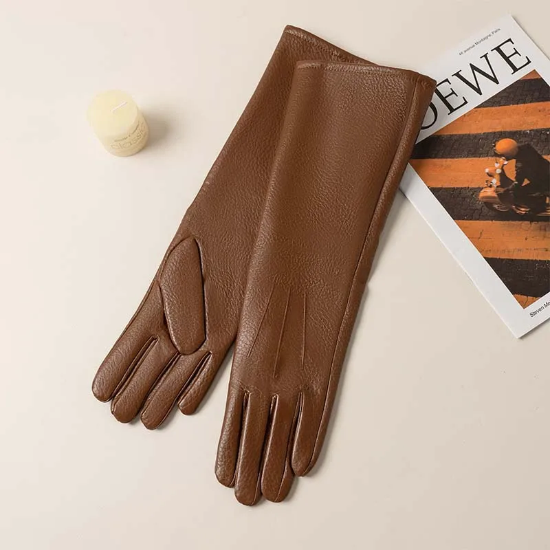 Women Warm Long Tube PU Leather Gloves Windproof Cold Proof for Autumn Winter Outdoor Driving Cycling Fashionable Versatile