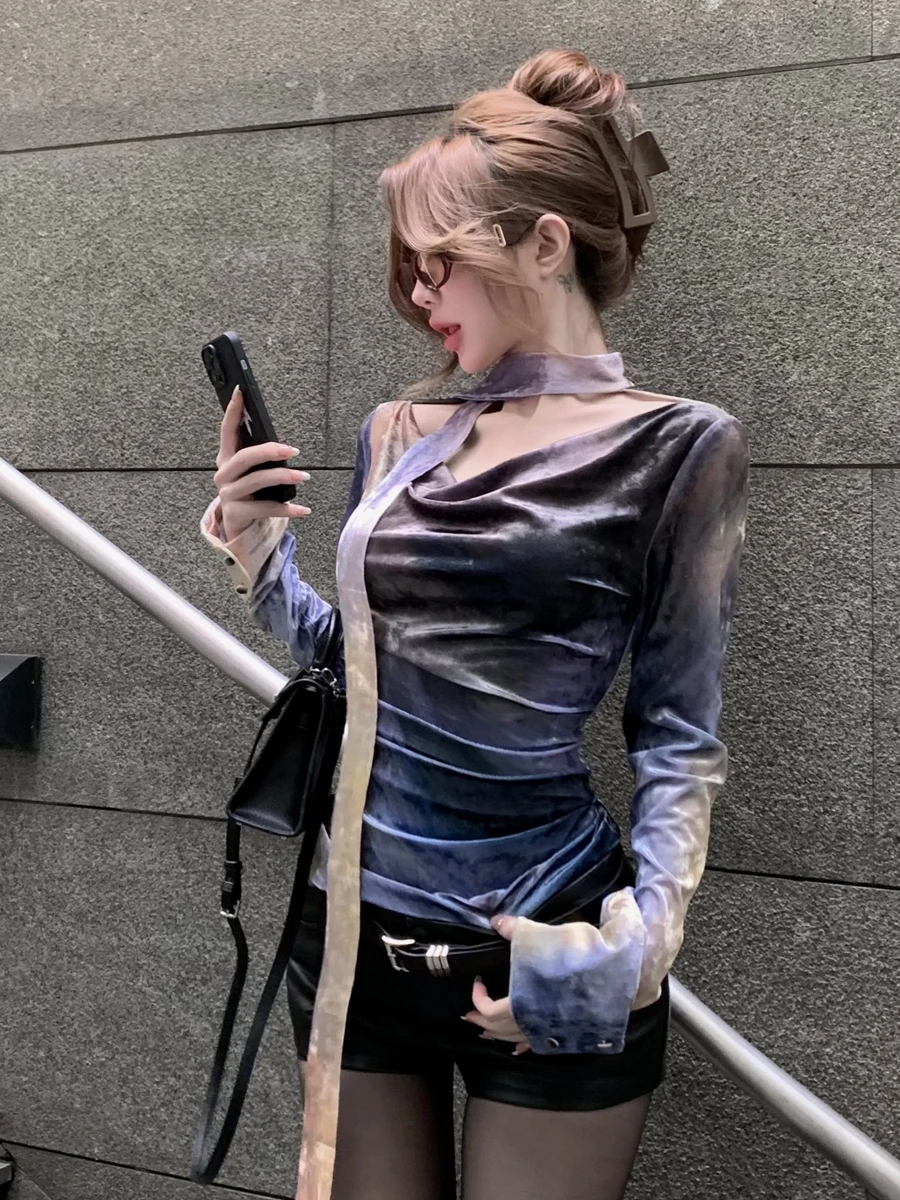 

Сексуальный облегающий топ из бархата с длинным рукавом, с принтом, драпировкой и бретелями, в стиле Pure Desire, модный тренд весна-лето для женщин