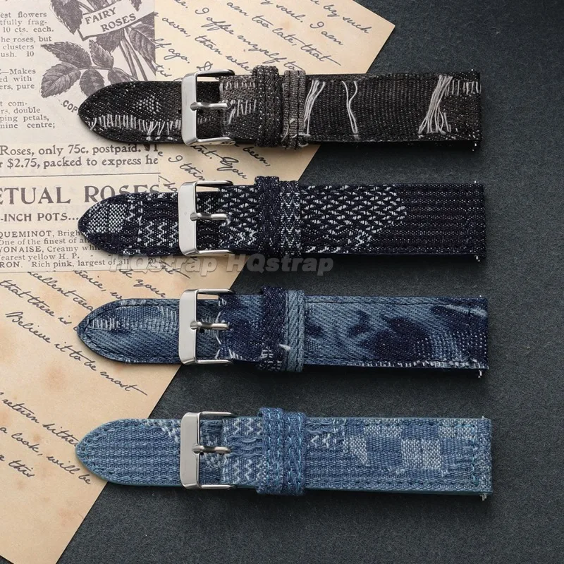 Distressed Washed Denim Watch Band 18mm 20mm 22mm Fabric Nylon Strap for Huawei Watch GT6/5/4 for Seiko Quick Release Bracelet