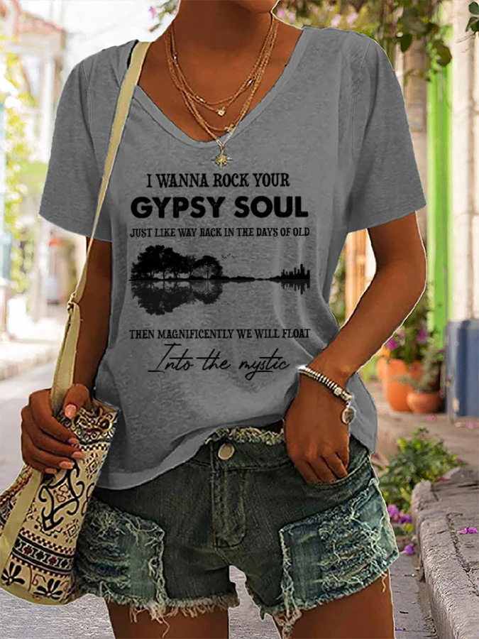 Ladies Hippie Guitar Lake Shadow Print T-Shirts Summer V Neck T Shirt Short Sleeve Casual Tops