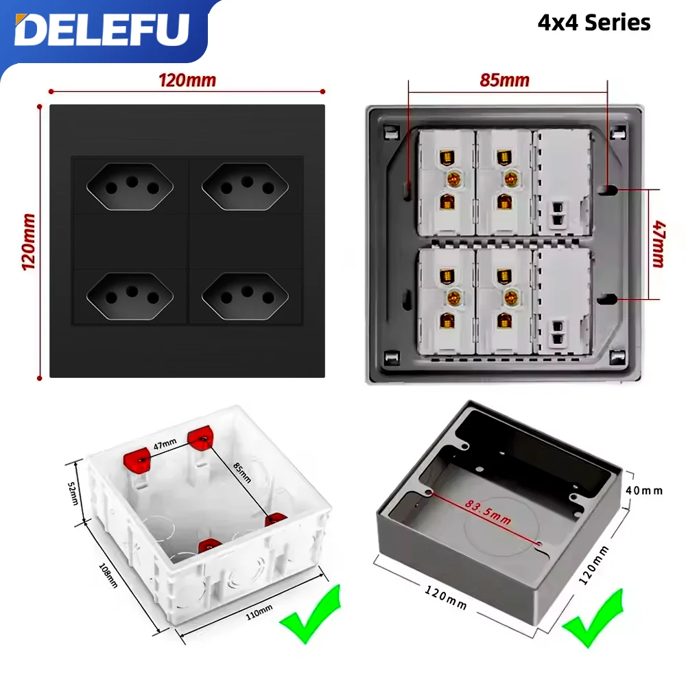DELEFU 4x4 アルミワイヤーパネル ブラジル規格コンセント ダブルUSB Type-C 壁コンセント ライトスイッチ オフィス ブラック 10A 20A