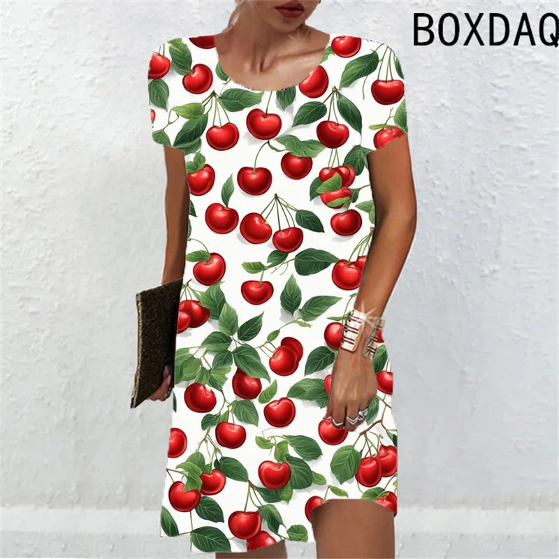 

Elegant Sweet Fruit Printing Women Dress 2024 New Summer Dresses Loose Casual Short Sleeve O-Neck 3D Print Woman Dress Vestidos