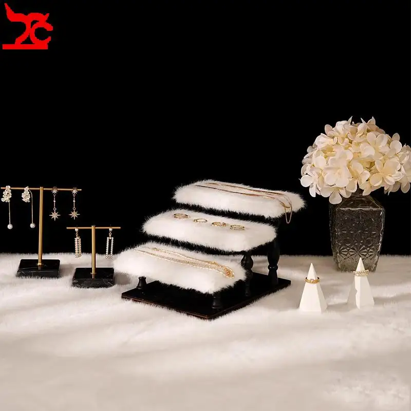 

Jewelry Display Stand Soft White Plush Three-Tier Marble Earring Stand with Ring Holder for Earrings Rings and Necklaces