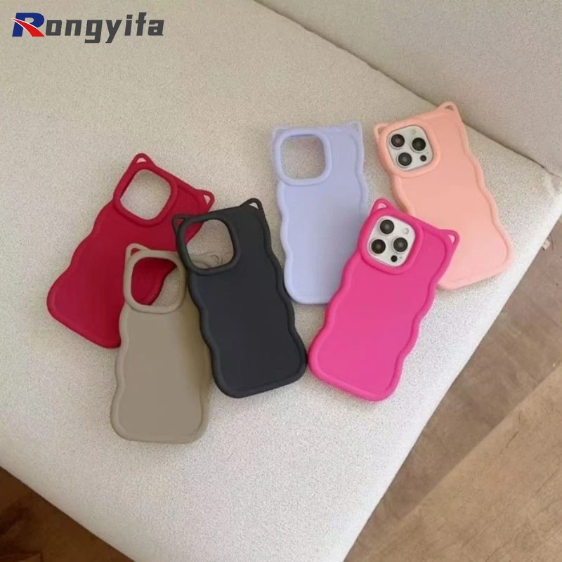 3D Wave Cat Ears Phone Case For Samsung Galaxy S26 S25 S24 S23 S22 S21 S20 Ultra FE S10 Plus S10E 5G 4G Cover With Lanyard Hole