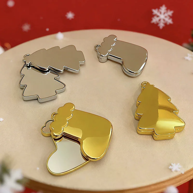 クリスマスツリー 雪の結晶柄 化粧鏡 スライド式 折りたたみ式 女の子用 持ち運びミラー 壊れない コンパクト バニティミラー