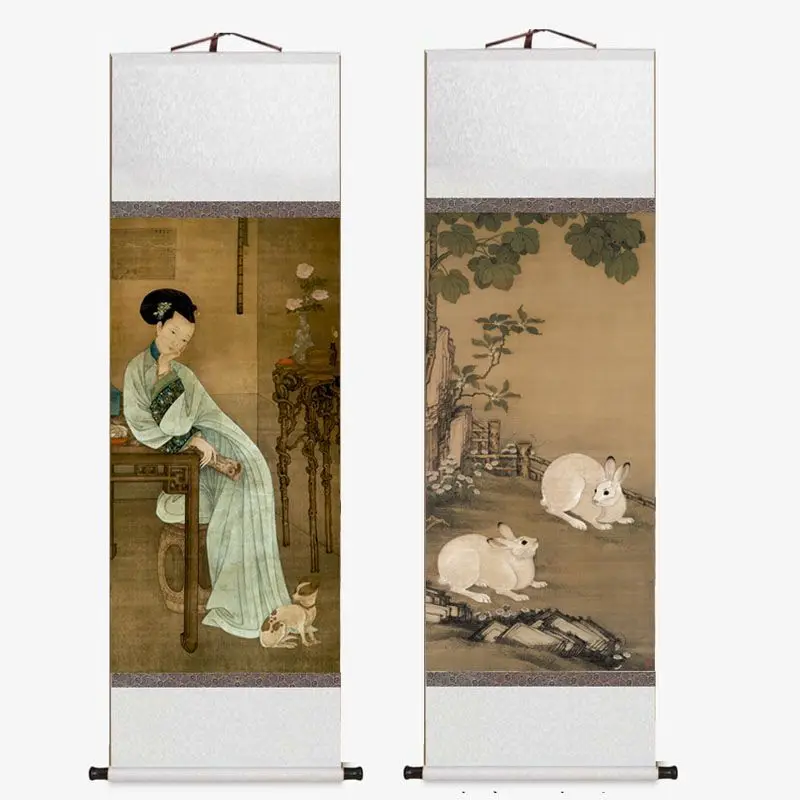 Chinese Silk Scroll Double‑Rabbit Wall Art, Retro Oriental Hanging Decor for Living Room Photo Background Prop Anime Poster