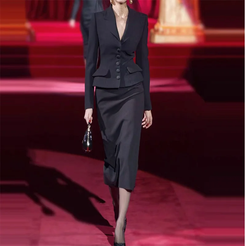 

Женский костюм из двух предметов, юбки, комплекты весеннего офиса, осень-зима, профессиональная мода, женский темно-синий пиджак, темперамент, для поездок на работу