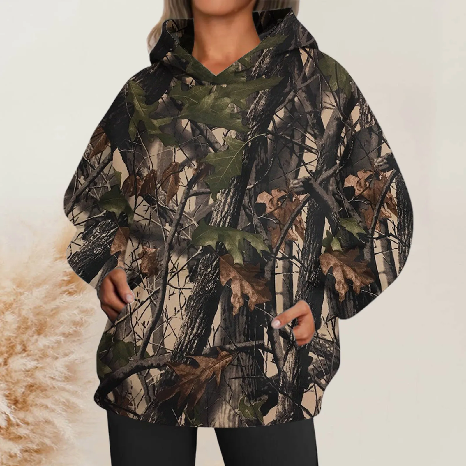 Women\'s Camo Hoodie Maple Leaf Print Oversized Sweatshirt Long Sleeve Hoodies With Dress Jumpsuit Women Women Long Zip Hoodie